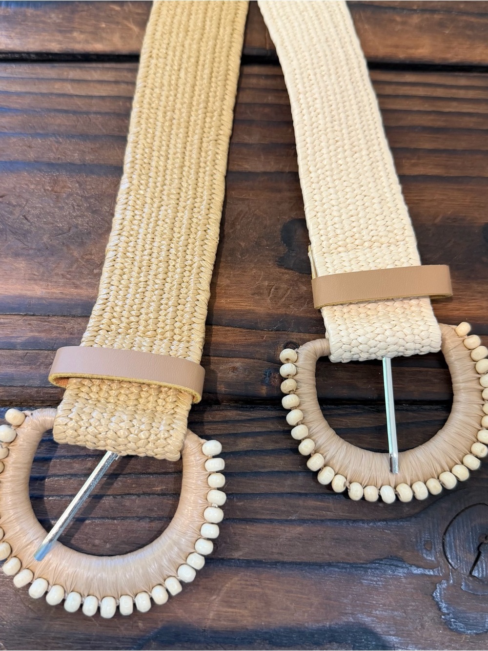 NWT Woven Boho Natural Straw Belt with Beaded Round Buckle